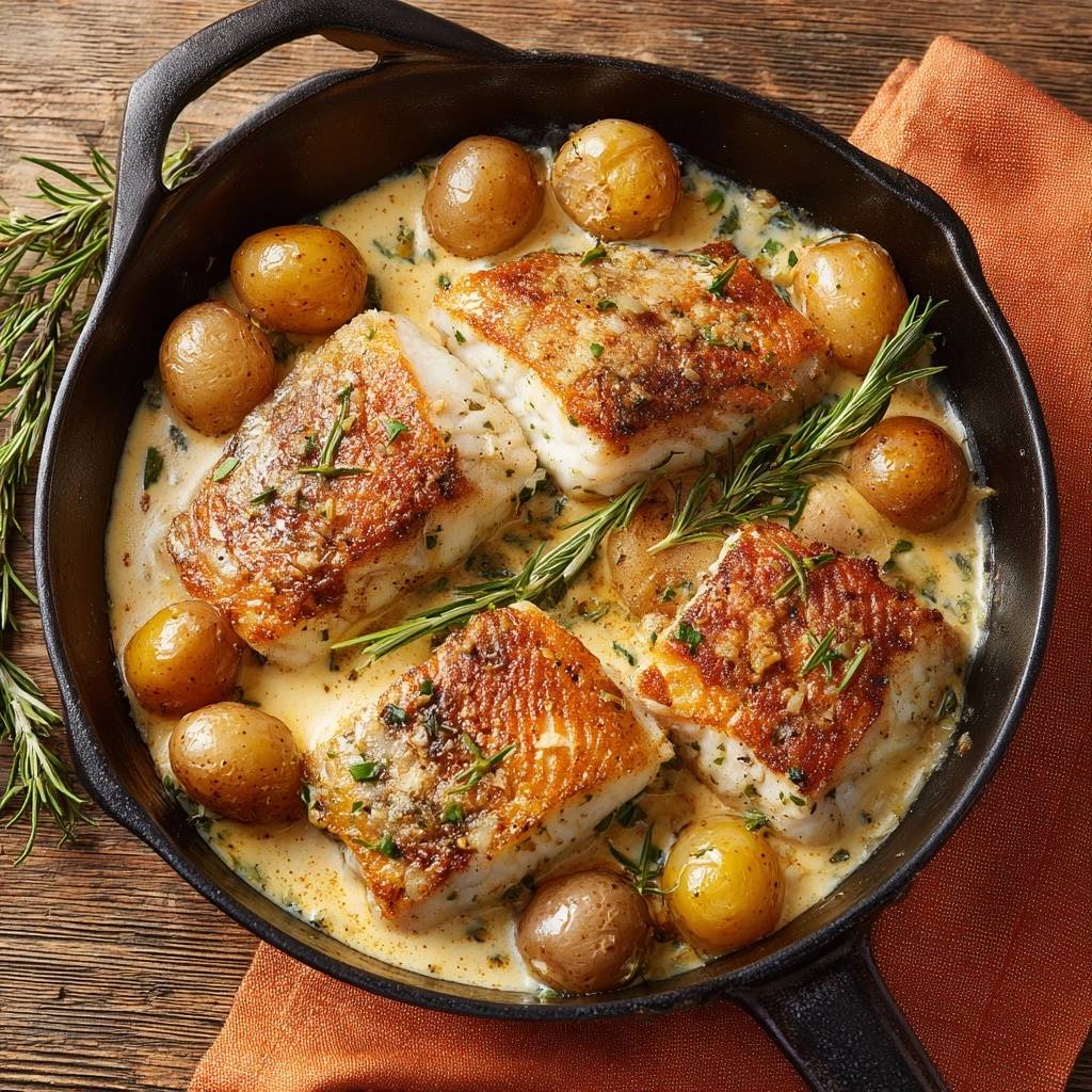One-pan crispy cod with baby potatoes and rosemary cream served in a cast iron skillet, viewed from directly overhead.