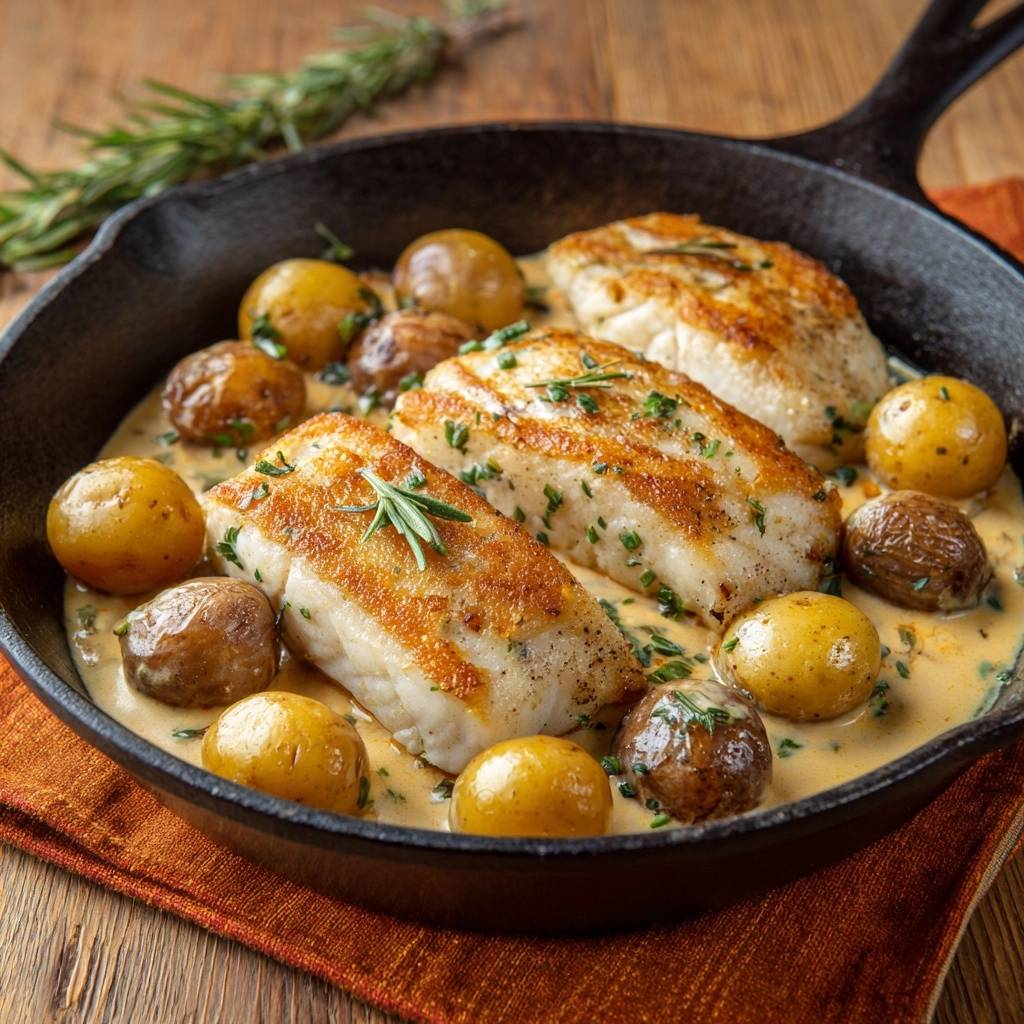 One-pan crispy cod with baby potatoes and rosemary cream served in a cast-iron skillet with fresh rosemary garnish.