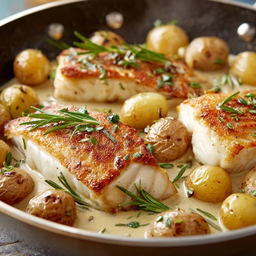 One-pan crispy cod with rosemary potatoes and olives served in a skillet with a creamy sauce.