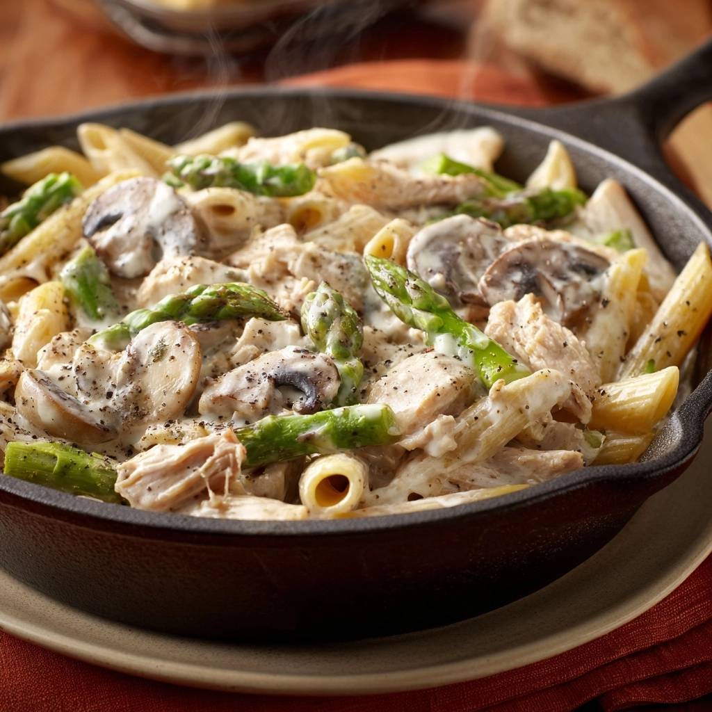 One-pan creamy chicken penne with asparagus and mushrooms served steaming in a cast iron skillet