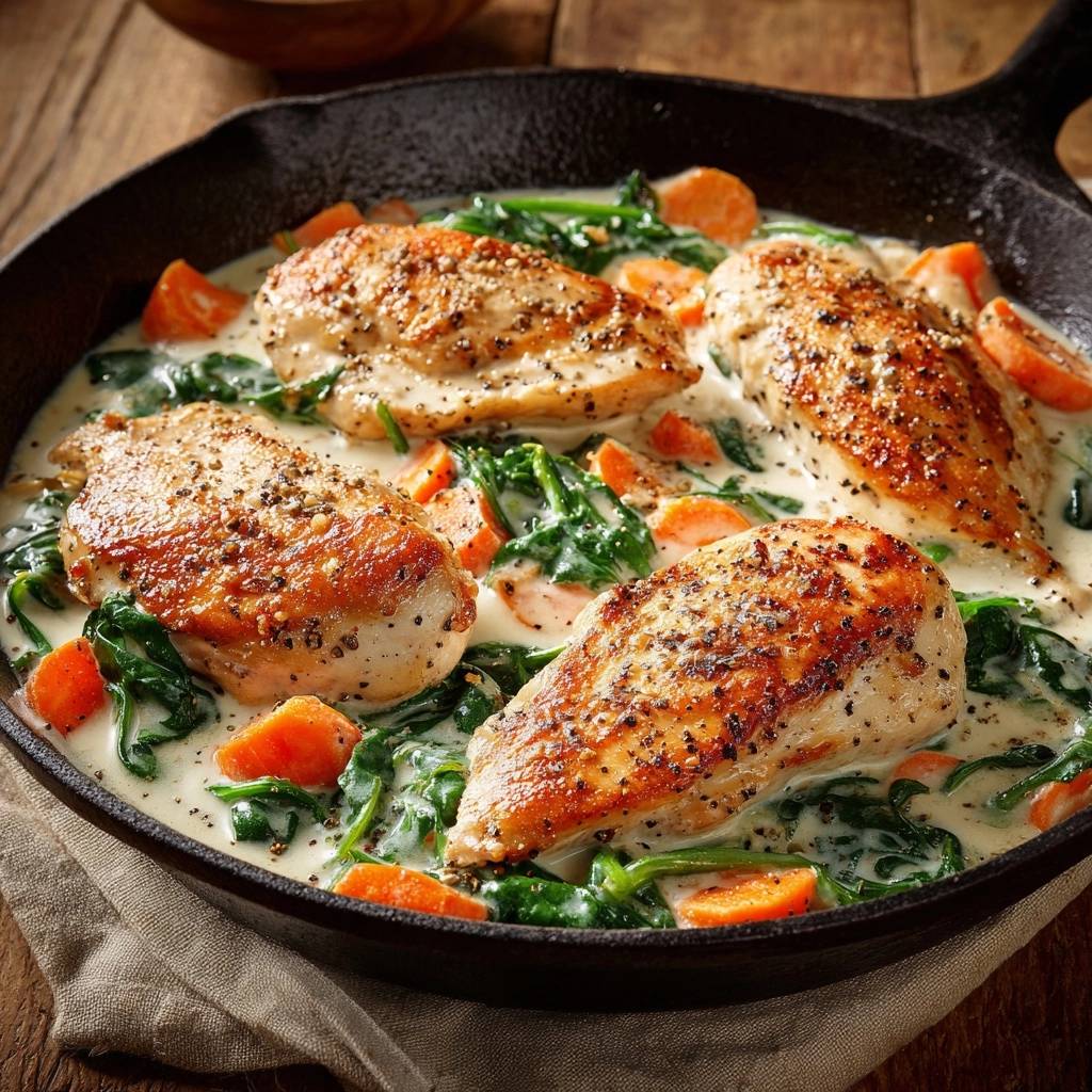 One-pan creamy chicken skillet with spinach and carrots served in a cast iron pan, presented from an overhead perspective.