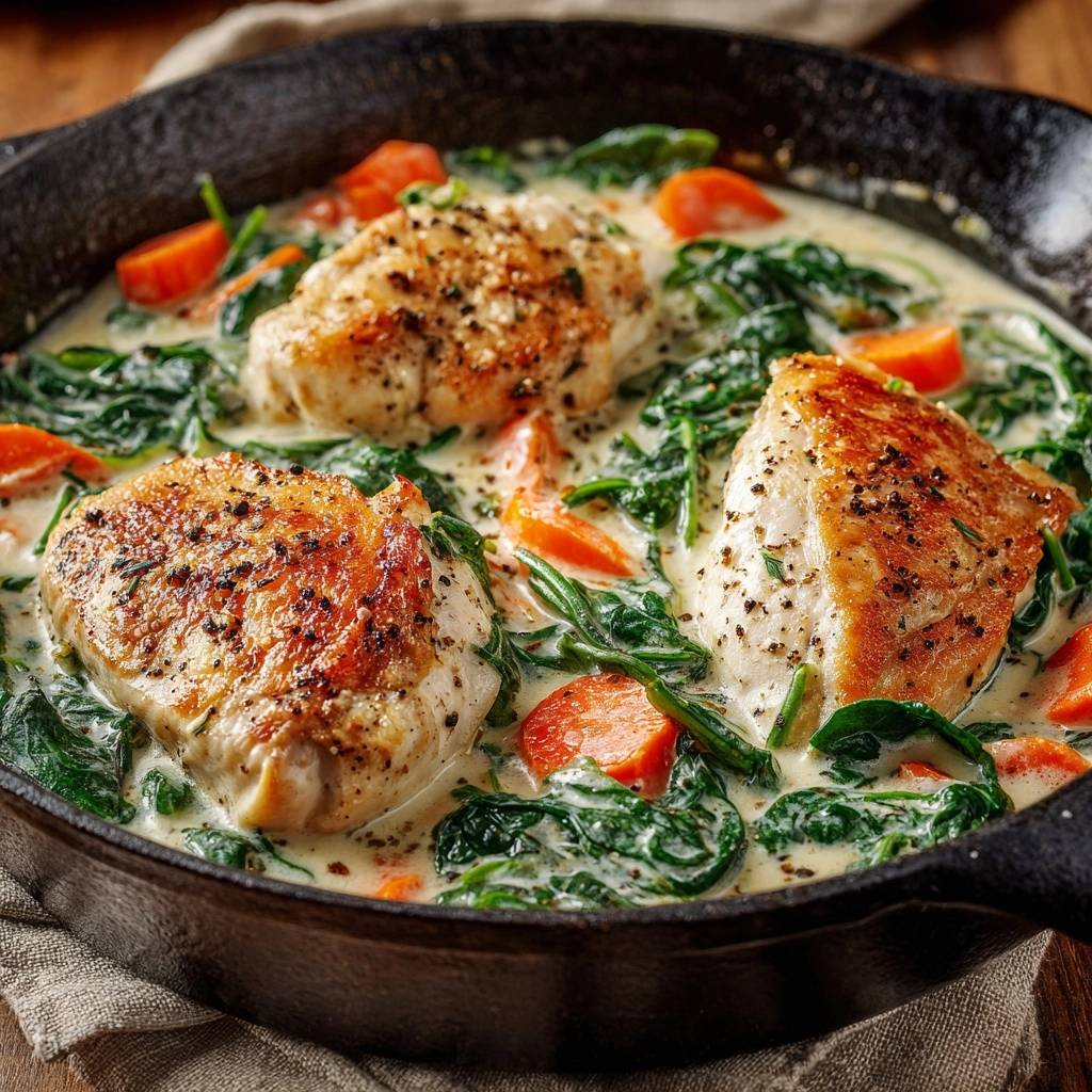 One-pan creamy chicken skillet with spinach and carrots served in a cast-iron pan, showcasing the seared chicken and vibrant vegetables.