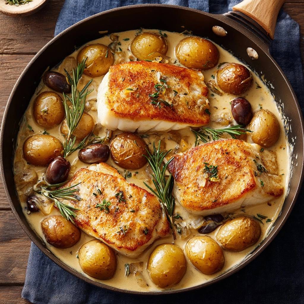 One-pan crispy cod with rosemary potatoes and olives, presented in a skillet from an overhead view showing three fillets.