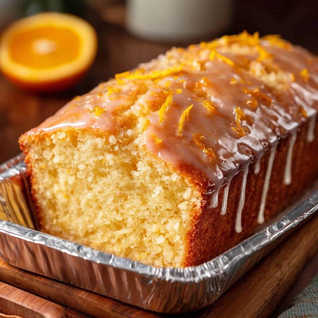 Orange glazed loaf cake with zest and drizzles of icing, a close-up detail shot.
