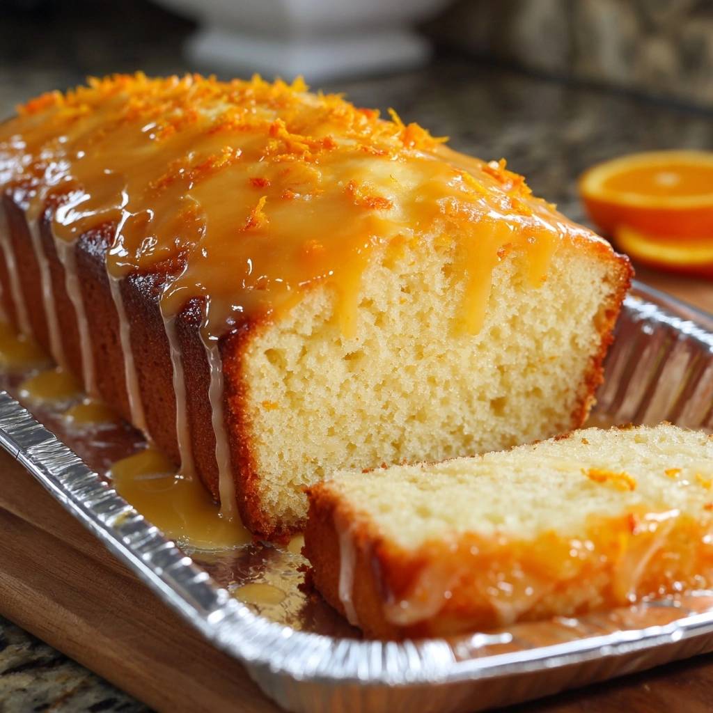 Orange glazed loaf cake sliced showing the moist interior and dripping citrus glaze.