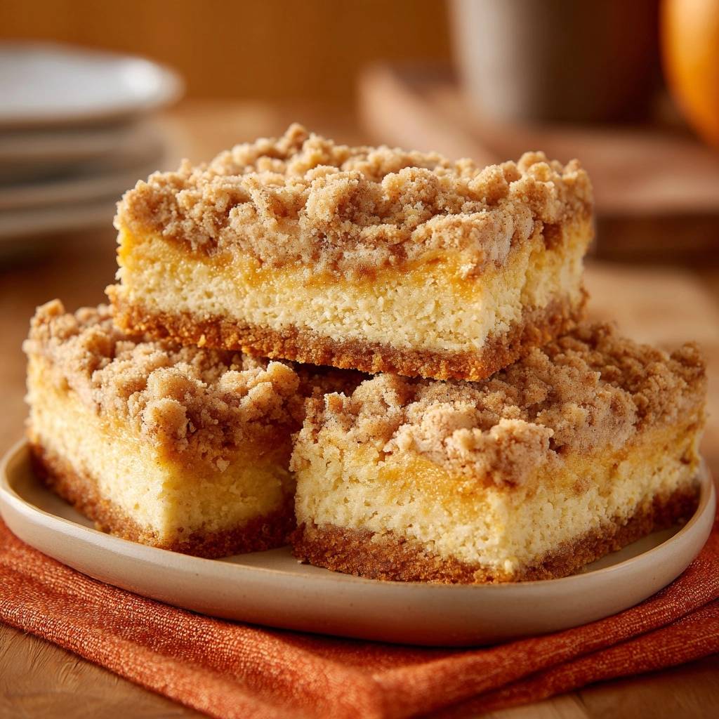 Orange marmalade crumb cake shown as stacked slices on a plate, revealing the crumb topping and cheesecake layers.