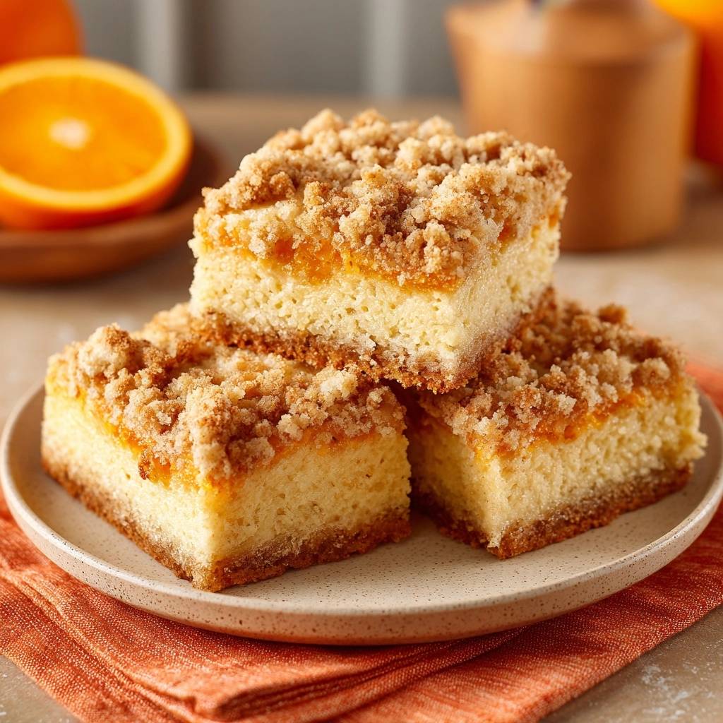 Orange marmalade crumb cake shown as stacked slices on a plate, highlighting the crumb topping and cake layers.