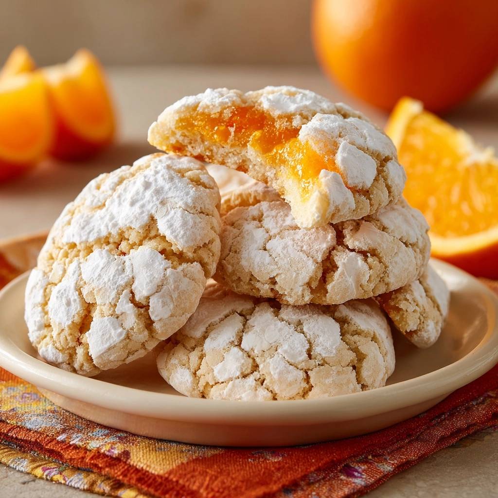 Orange marmalade snowball cookies recipe showing a close-up cross-section revealing the bright orange filling.