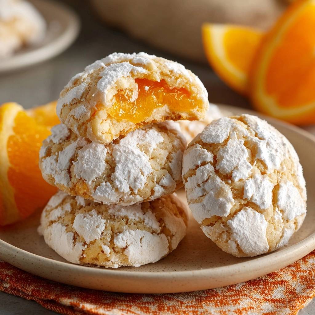 Orange marmalade snowball cookies recipe, with a close-up cross-section revealing the vibrant orange filling.