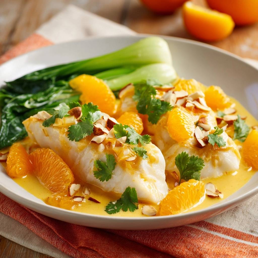Orange poached cod with bok choy and almonds served on a plate, showing a close-up detail of the garnished fish.