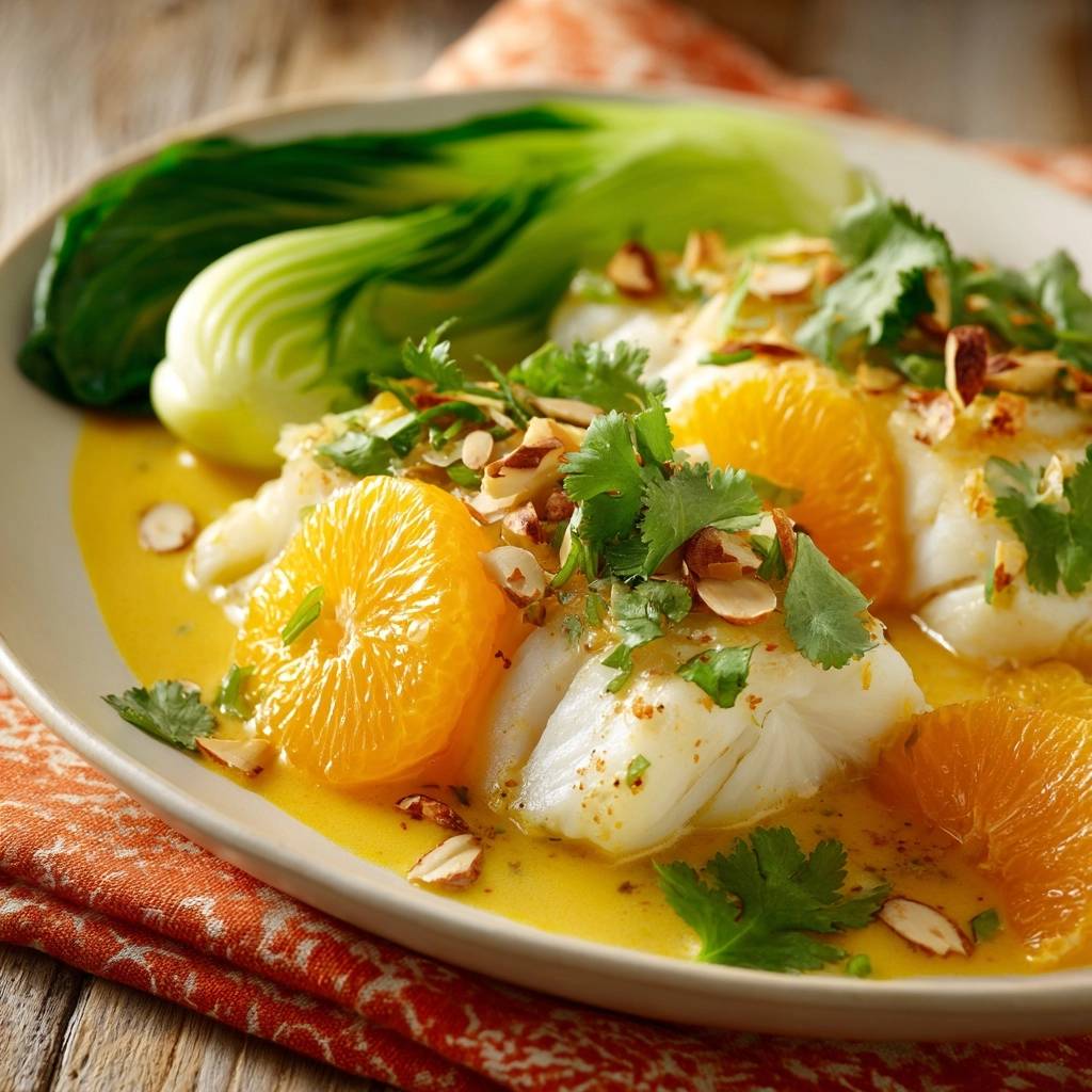 Orange poached cod with bok choy and almonds served on a plate with orange slices and cilantro garnish.