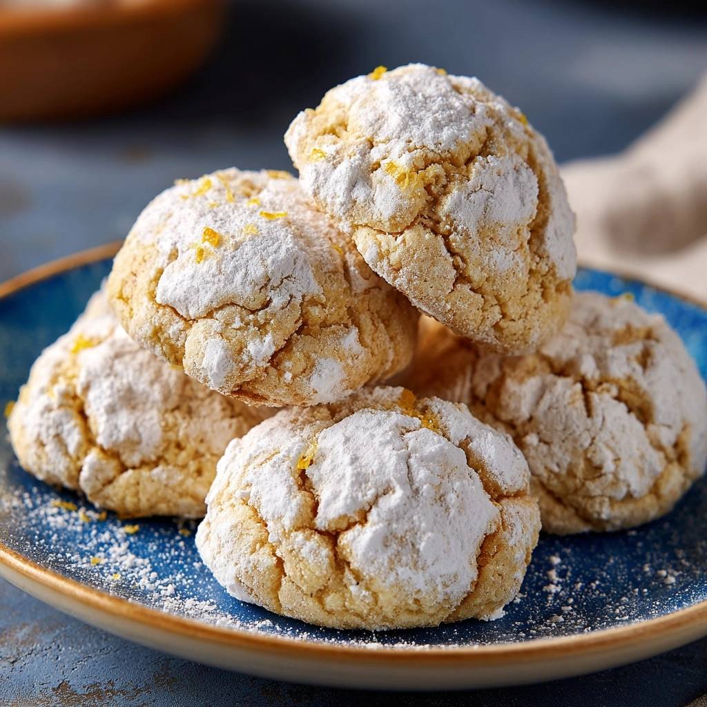 Orange snowball cookies dusted with powdered sugar and orange zest, presented on a blue plate.