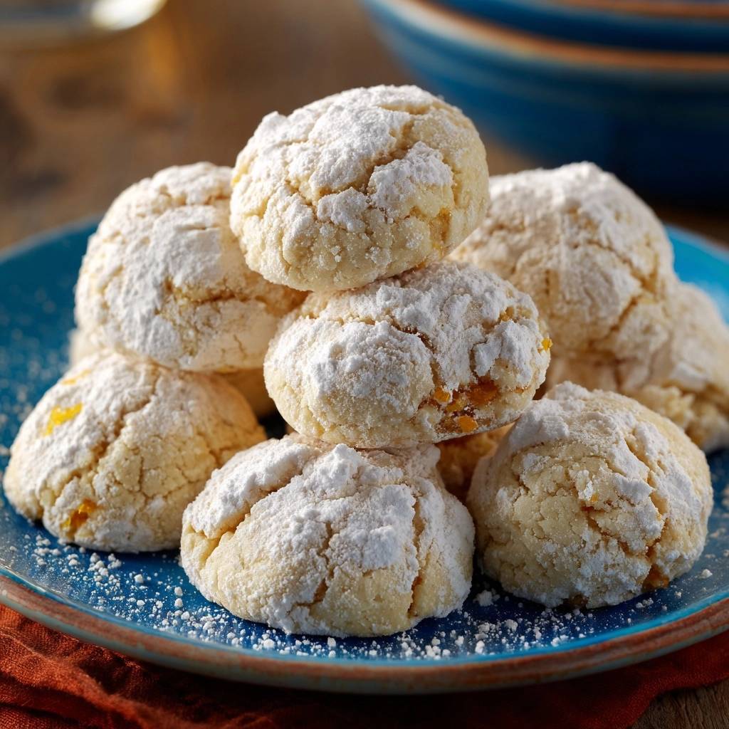 Orange snowball cookies are piled high on a blue plate, dusted with powdered sugar.