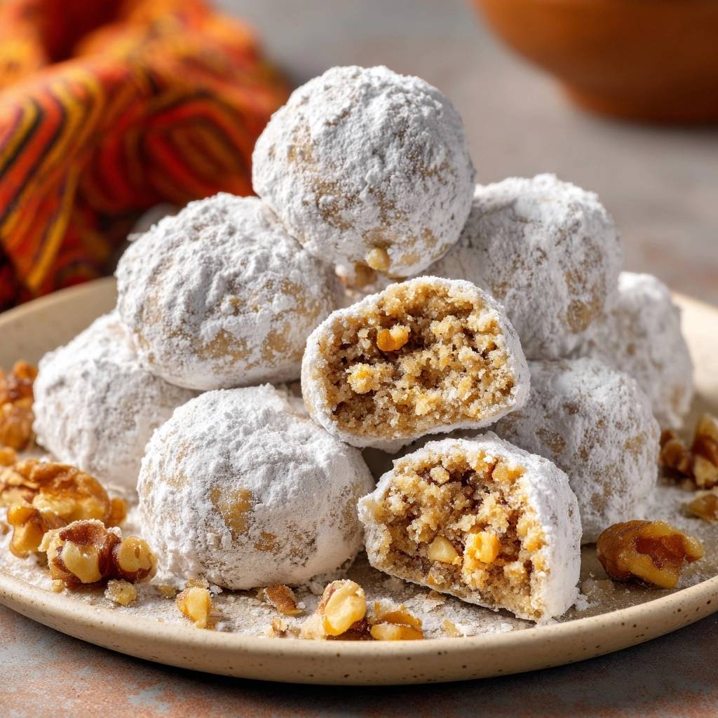 Orange walnut snowball cookies, showing a close-up cross-section with visible walnuts and powdered sugar coating.