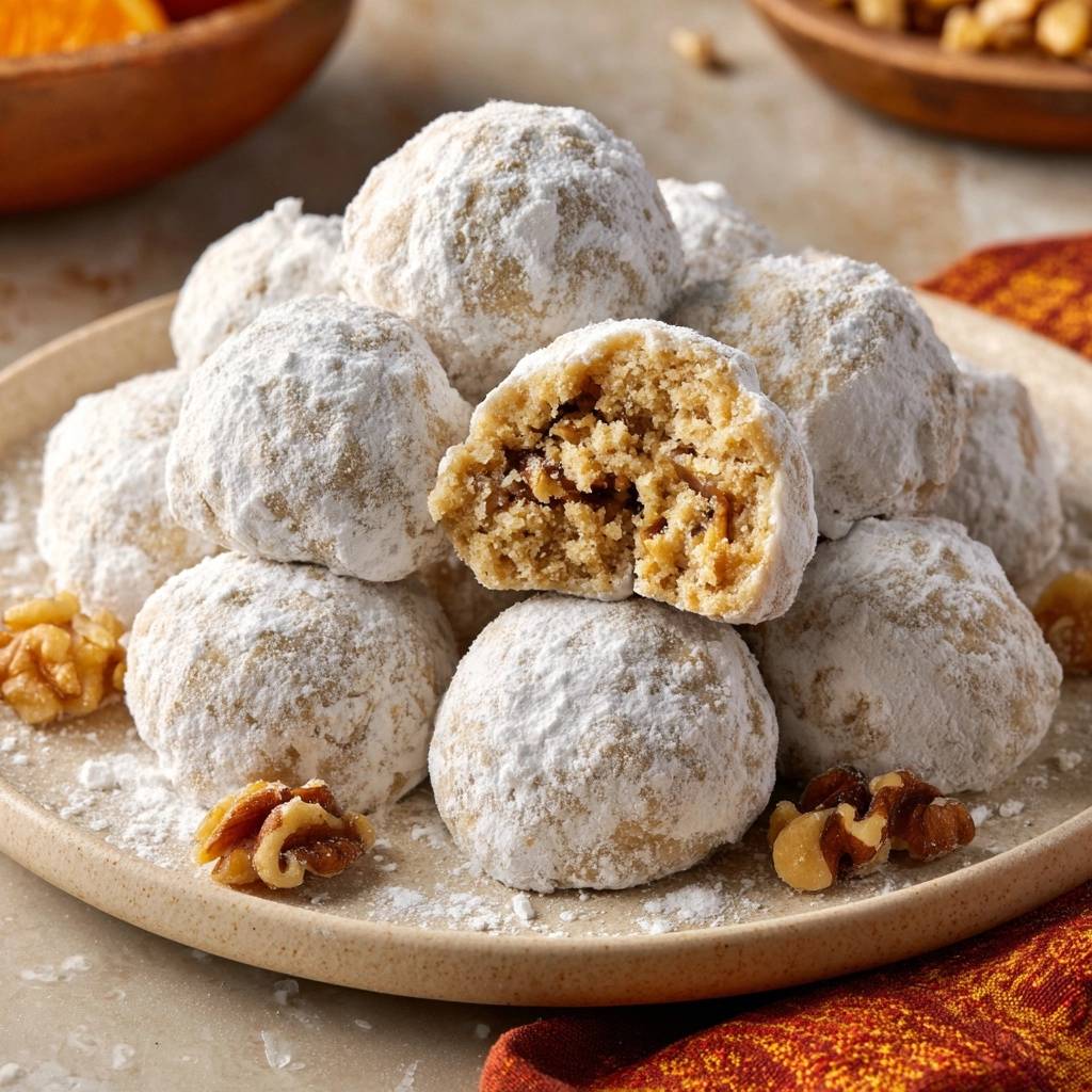 Orange walnut snowball cookies, a close-up cross-section reveals the nutty interior of these powdered sugar-dusted treats.