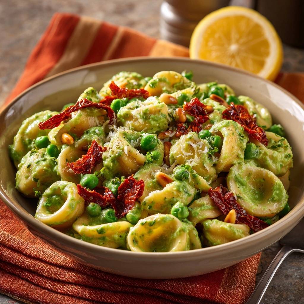 Orecchiette with pea pesto, sun-dried tomatoes and pine nuts served in a rustic bowl, captured from an overhead perspective.