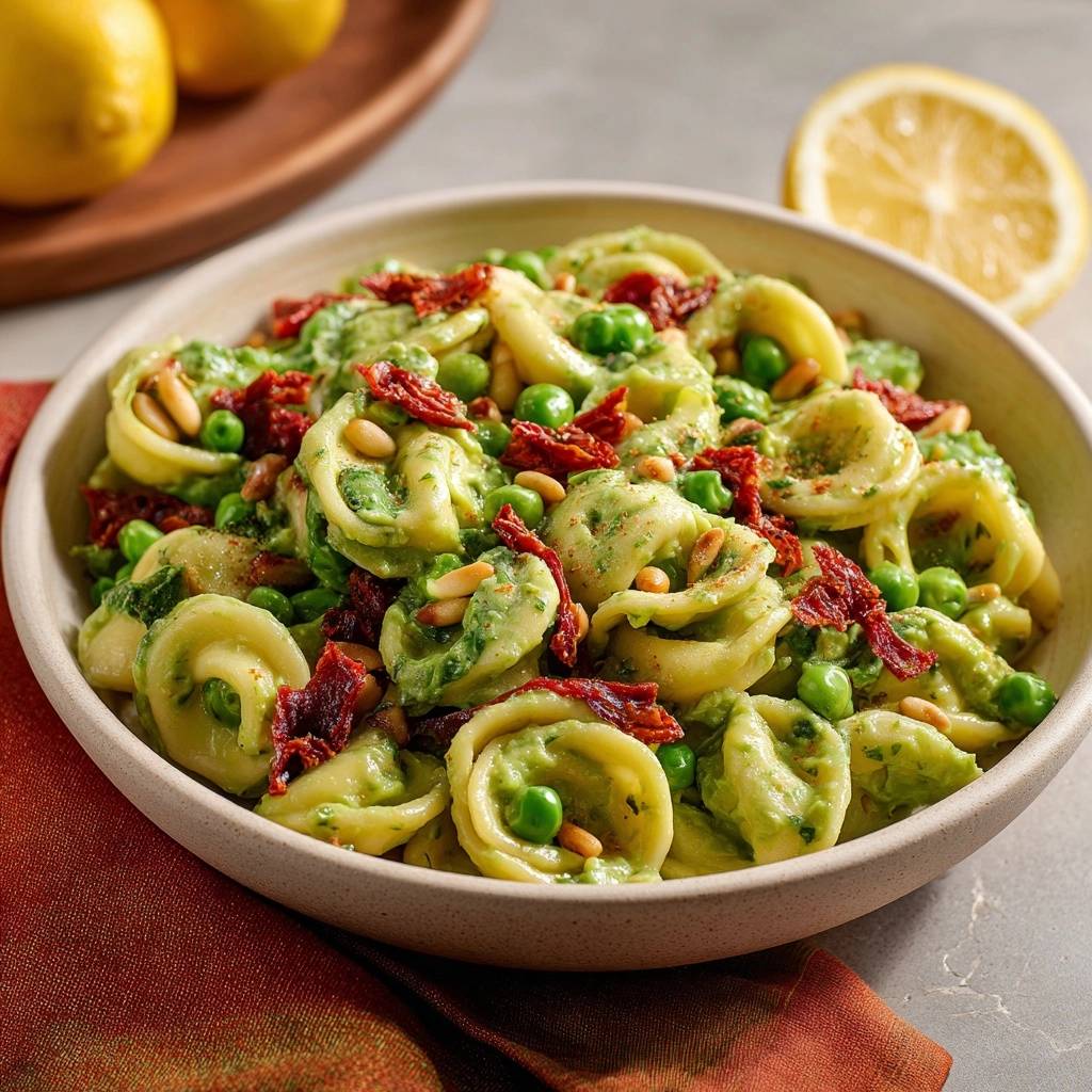 Orecchiette with pea pesto, sun-dried tomatoes and pine nuts served in a close-up bowl with a fork.