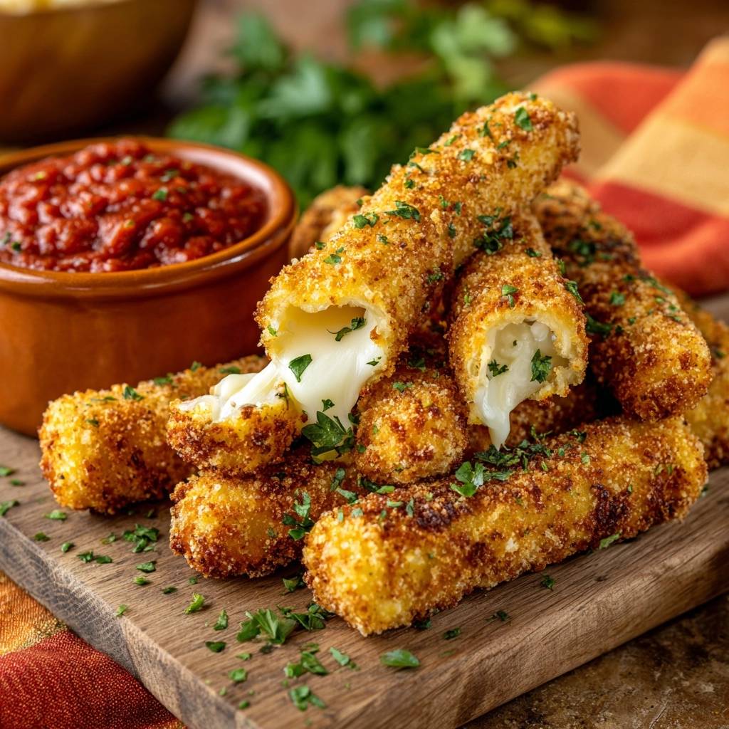 Crispy panko mozzarella sticks oozing melted cheese, served with marinara sauce and garnished with parsley.