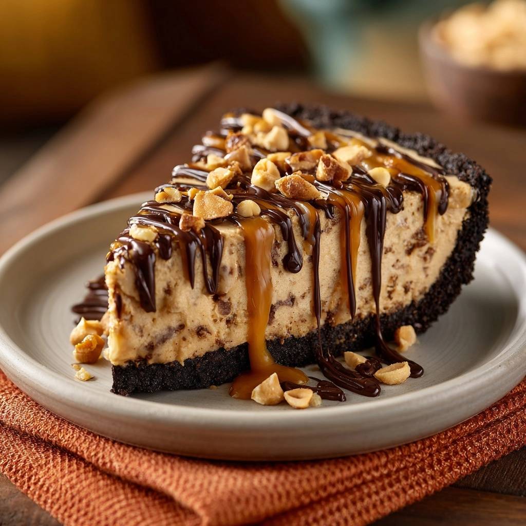 Peanut Butter Caramel Chocolate Cheesecake slice drizzled with chocolate and caramel on a plate.