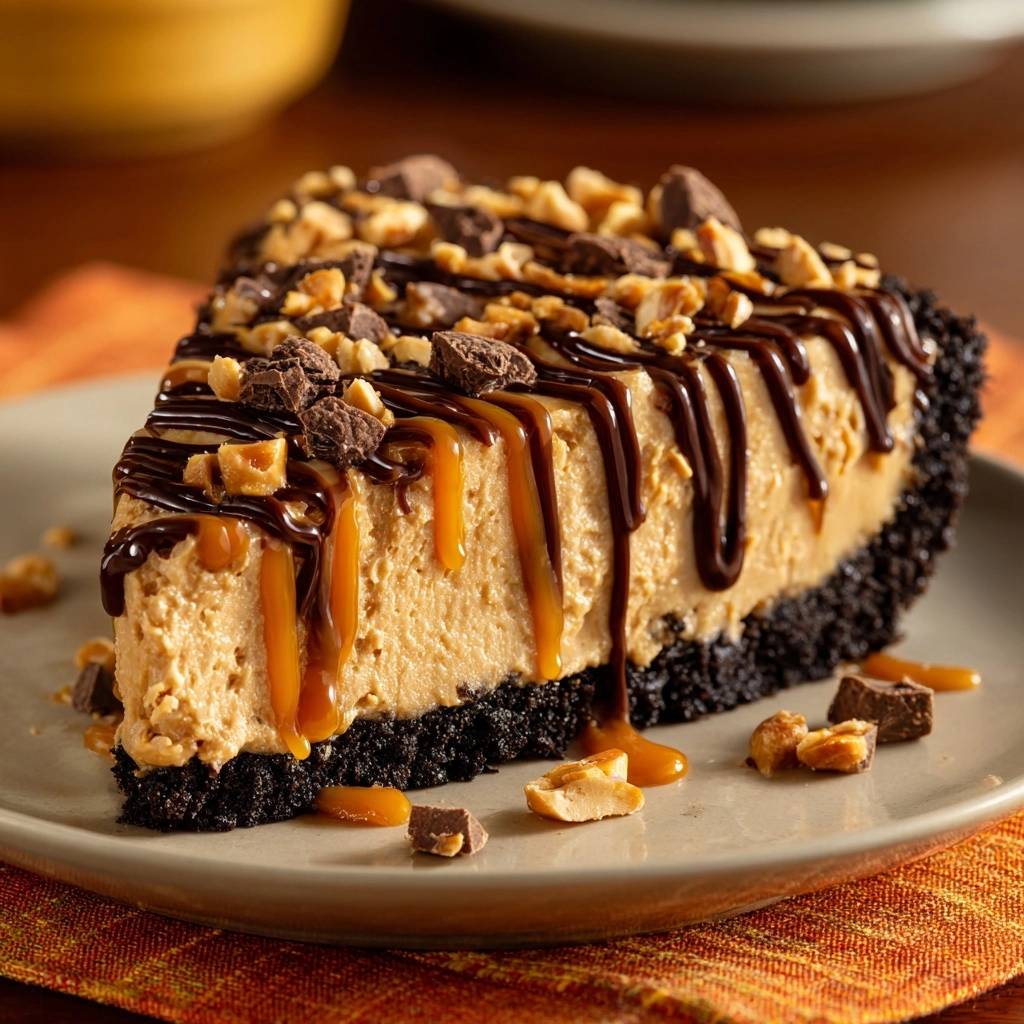 Peanut Butter Caramel Chocolate Cheesecake slice drizzled with chocolate and caramel, topped with nuts.