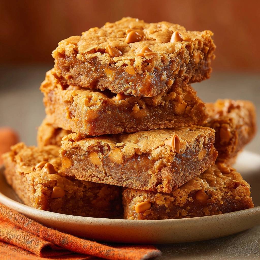 Peanut Butter Cup Blondies stacked close-up, showcasing their chewy texture and peanut butter chips.