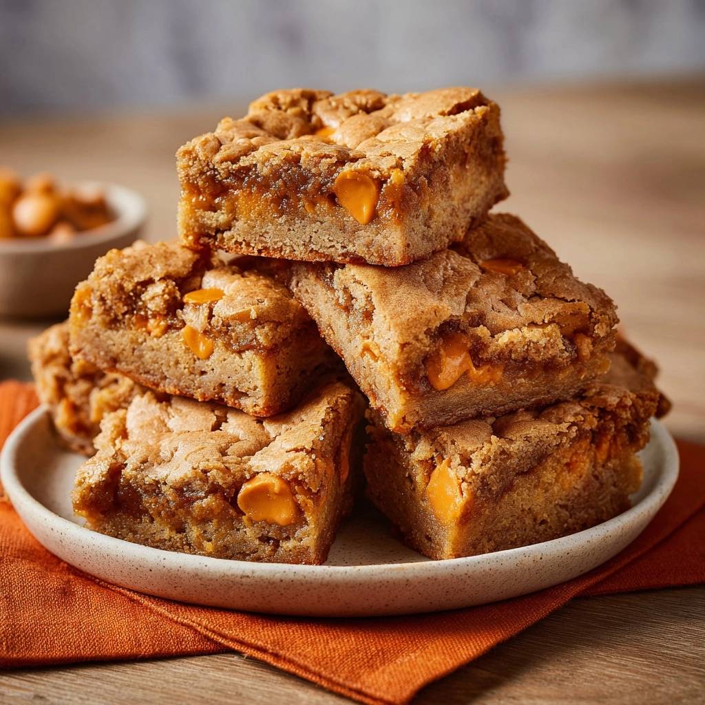 Peanut Butter Cup Blondies stacked on a white plate with an orange napkin underneath, showing gooey melted centers.