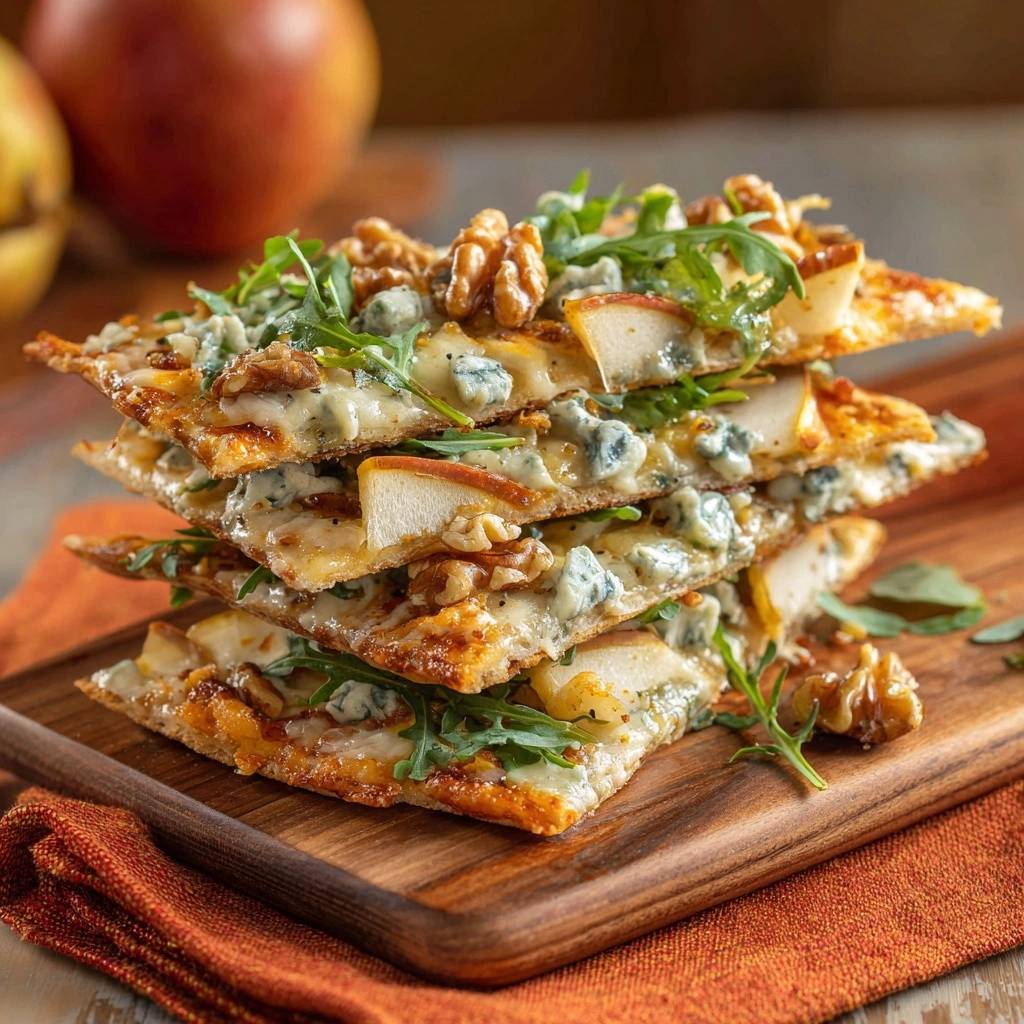 Pear blue cheese walnut flatbread stacked high, showcasing layers of melted cheese, fruit, and nuts.