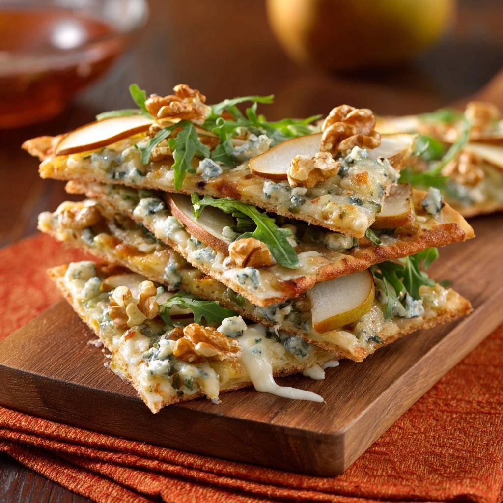 Pear blue cheese walnut flatbread shown as stacked slices with arugula and walnuts on a wooden board.