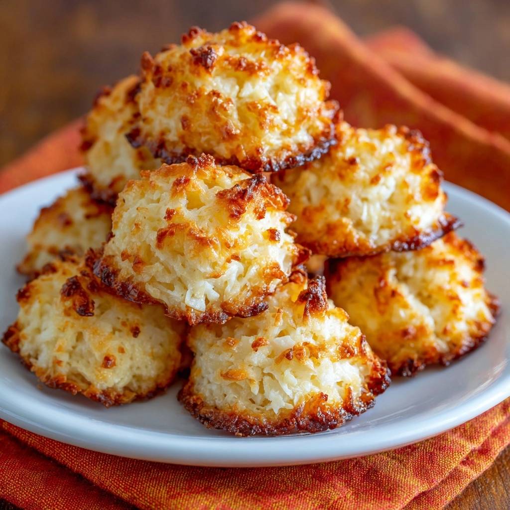 Perfect coconut macaroons are stacked and golden-baked on a white plate, showcasing their toasted coconut texture.