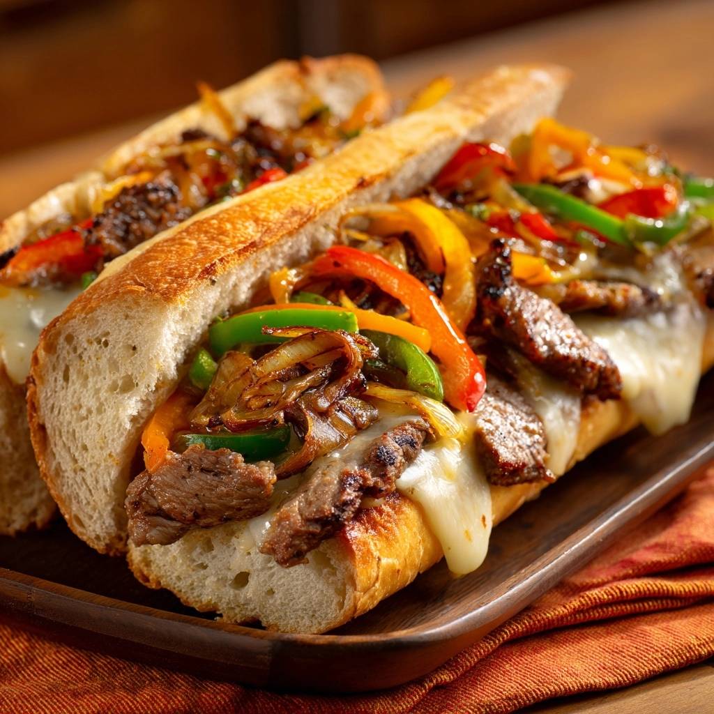 Philly cheesesteak hoagies with juicy beef shown in a close-up cross-section revealing melted cheese and colorful peppers.