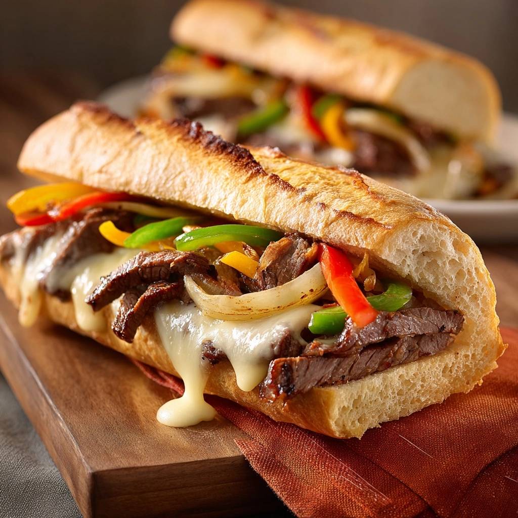 Philly cheesesteak hoagies with juicy beef and melted cheese dripping from the side.