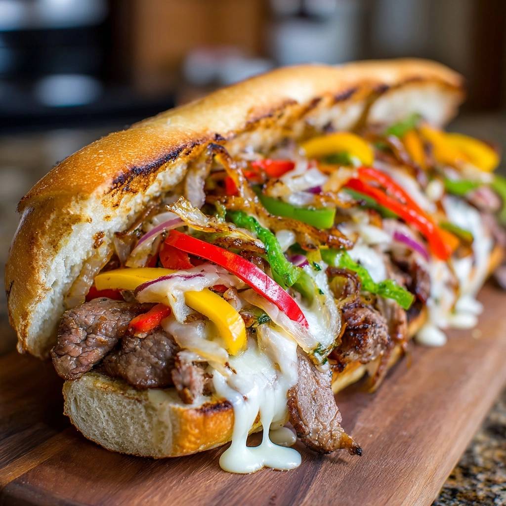 Philly cheesesteak sandwiches with tender beef, melted cheese, and colorful peppers piled high on a toasted roll.