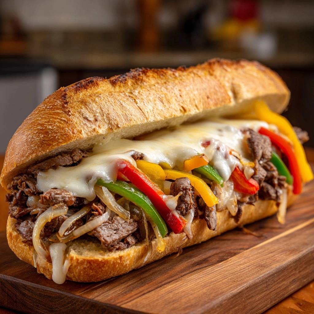 Philly cheesesteak sandwiches featuring tender beef, colorful peppers, and melted cheese in a close-up view.