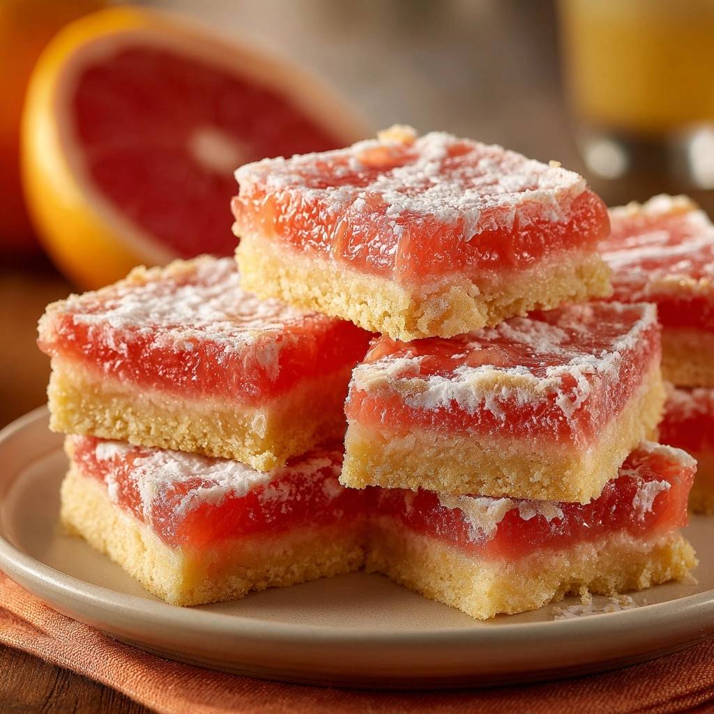 Pink grapefruit bars with a firm filling shown in a close-up cross-section revealing the layers.