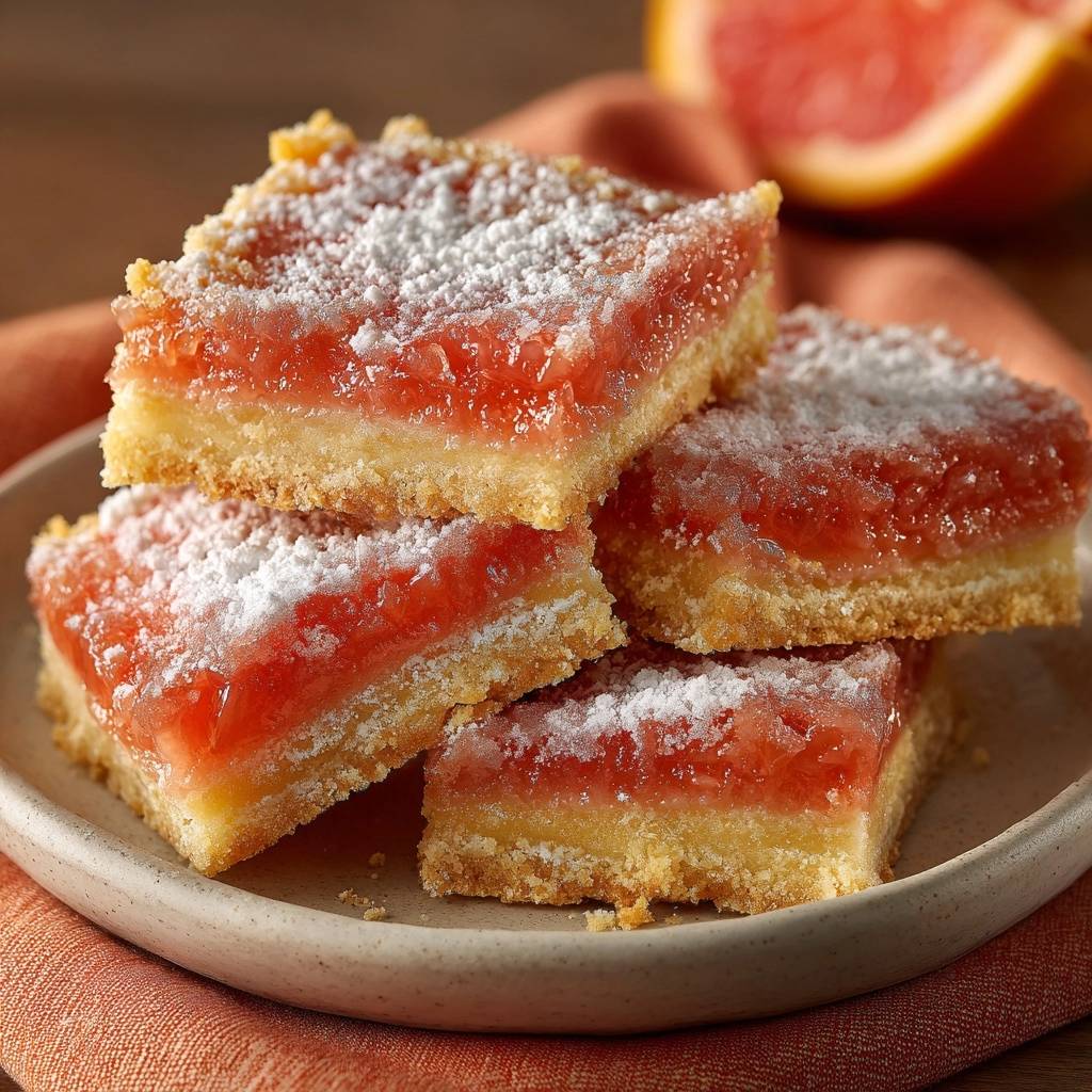 Pink grapefruit bars with firm filling stacked closely on a plate, dusted with powdered sugar.