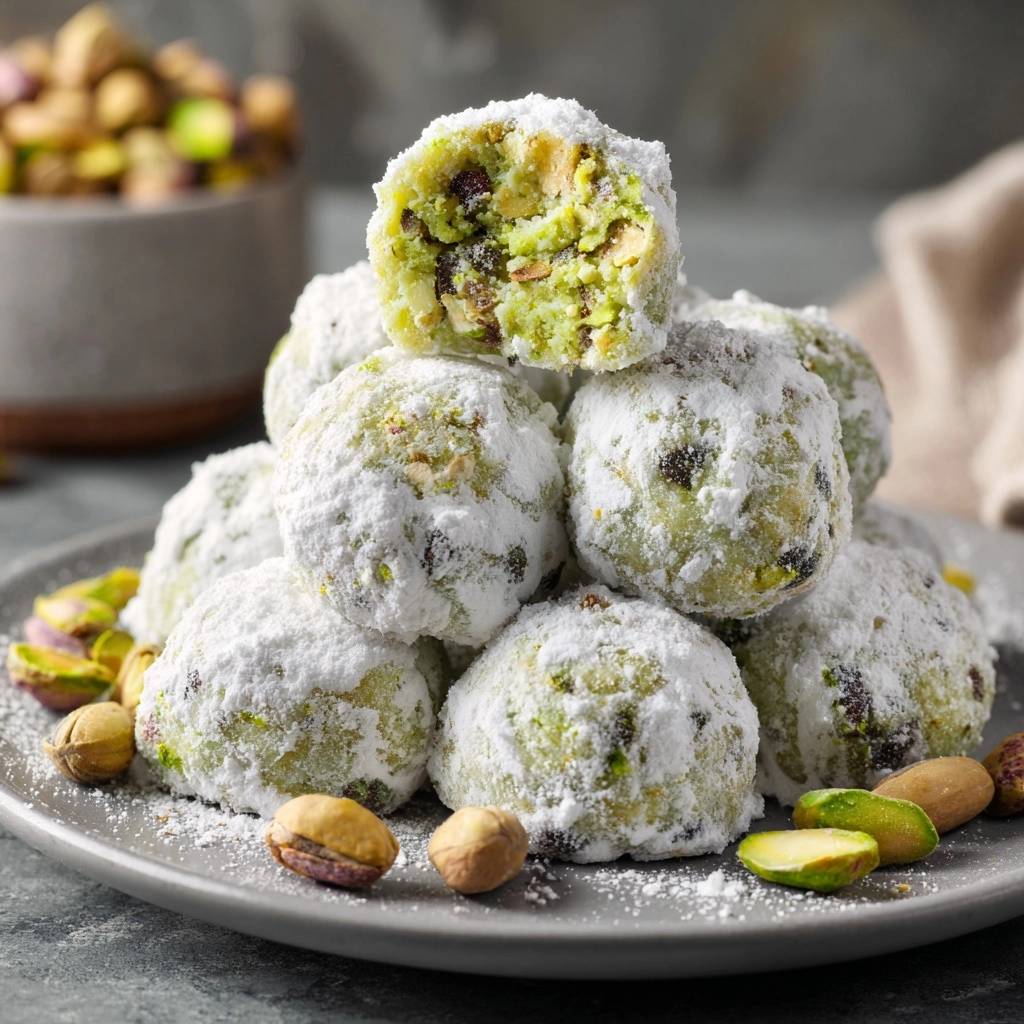 Pistachio snowballs, a no-bake treat, shown in a close-up cross-section revealing the textured interior with pistachios and dried fruit.