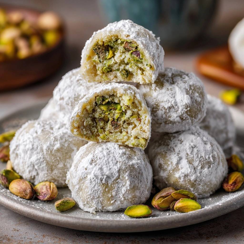 Pistachio Snowballs, a close-up cross-section of stacked no-bake treats, revealing their textured interior.