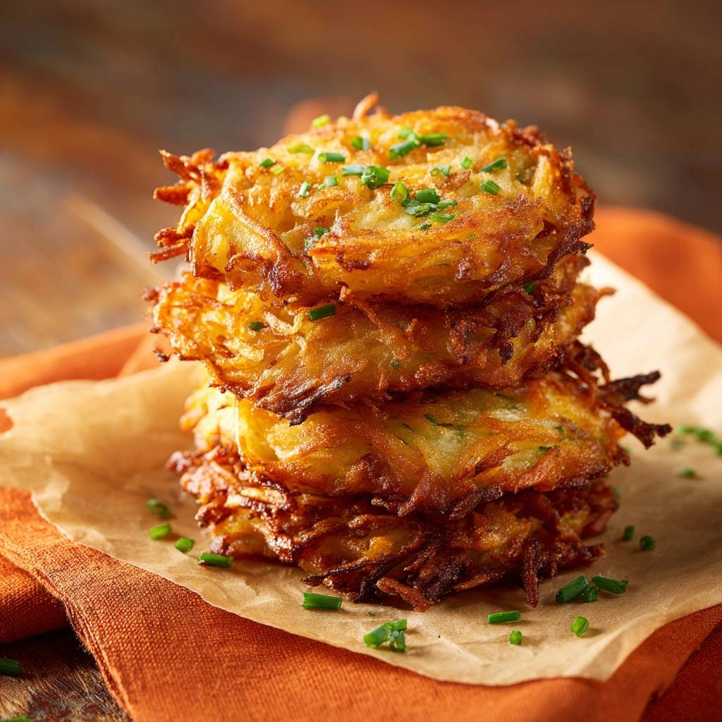 Crispy potato latkes stacked high, garnished with finely chopped chives, showcasing their golden-brown texture.