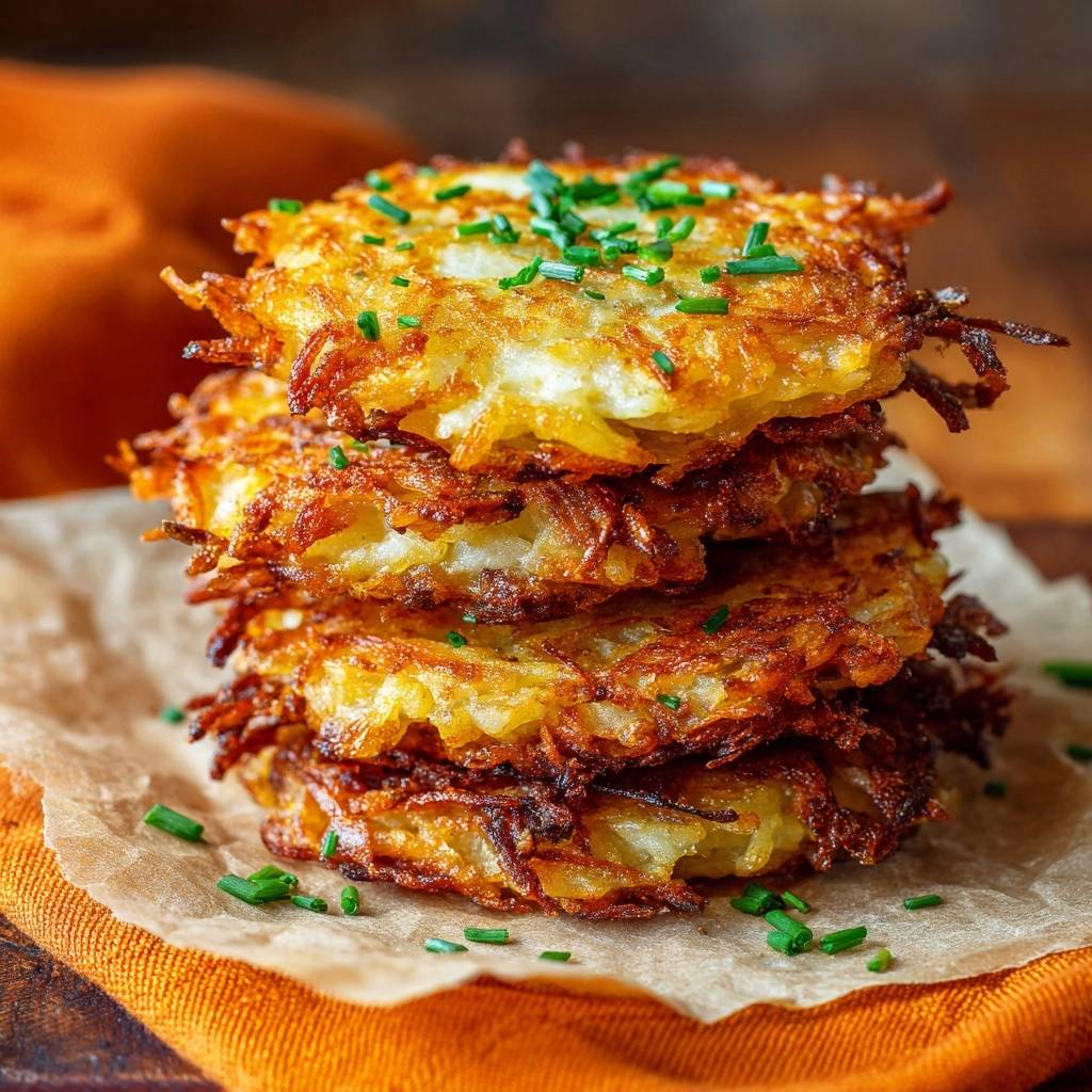 Crispy potato latkes stacked high and garnished with fresh chives, showcasing their golden-brown texture.