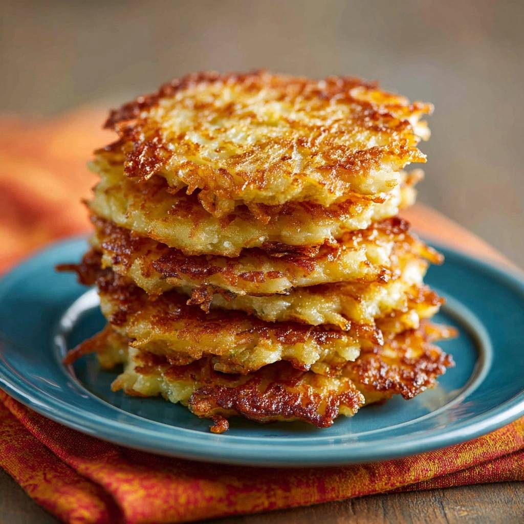 Crispy potato latkes stacked high on a blue plate, showcasing their golden-brown texture.
