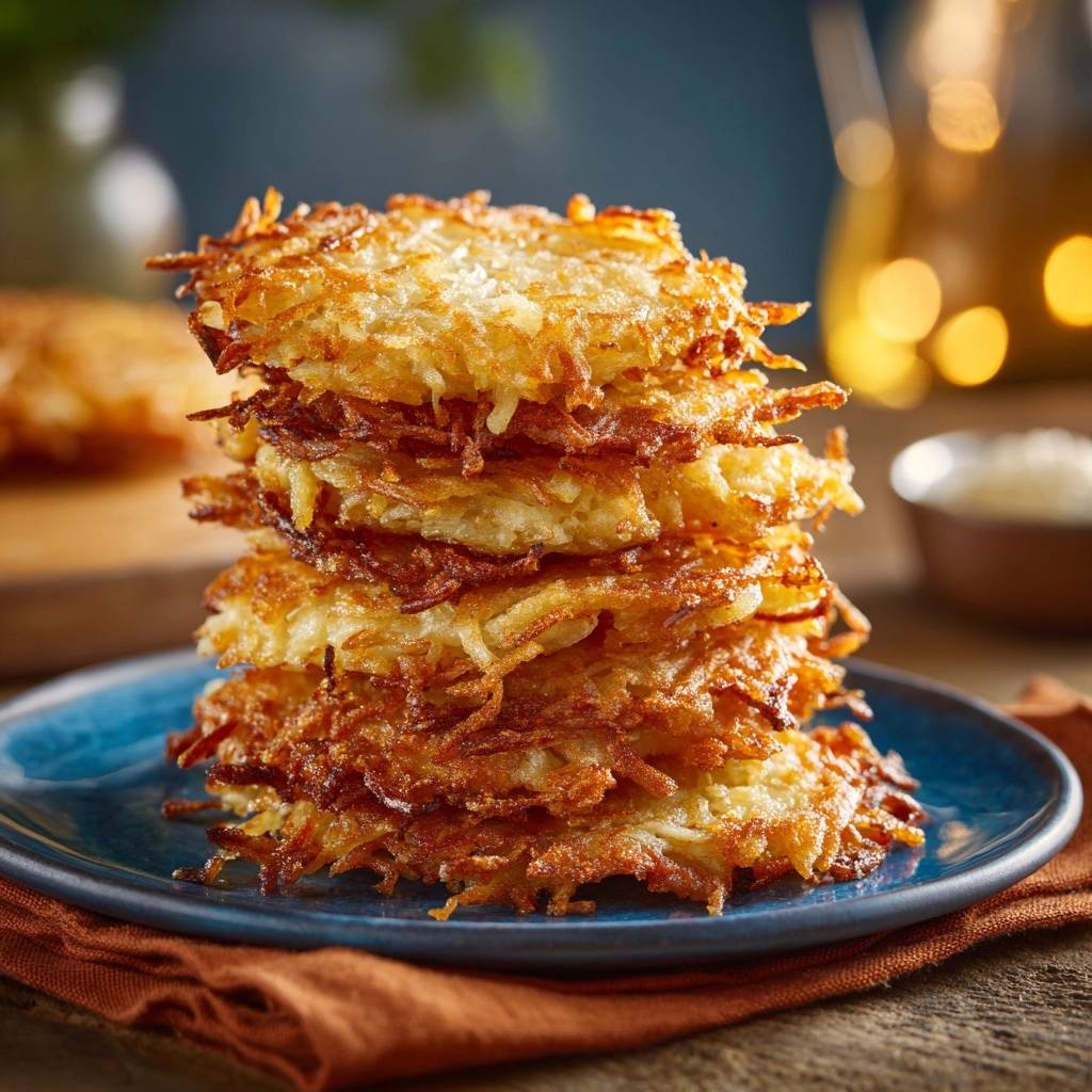 Crispy potato latkes stacked high on a blue plate, showcasing their golden-brown texture and layered appearance.