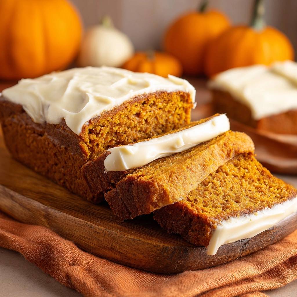 Pumpkin bread with cream cheese frosting, sliced and displayed on a wooden board with a rustic cloth.