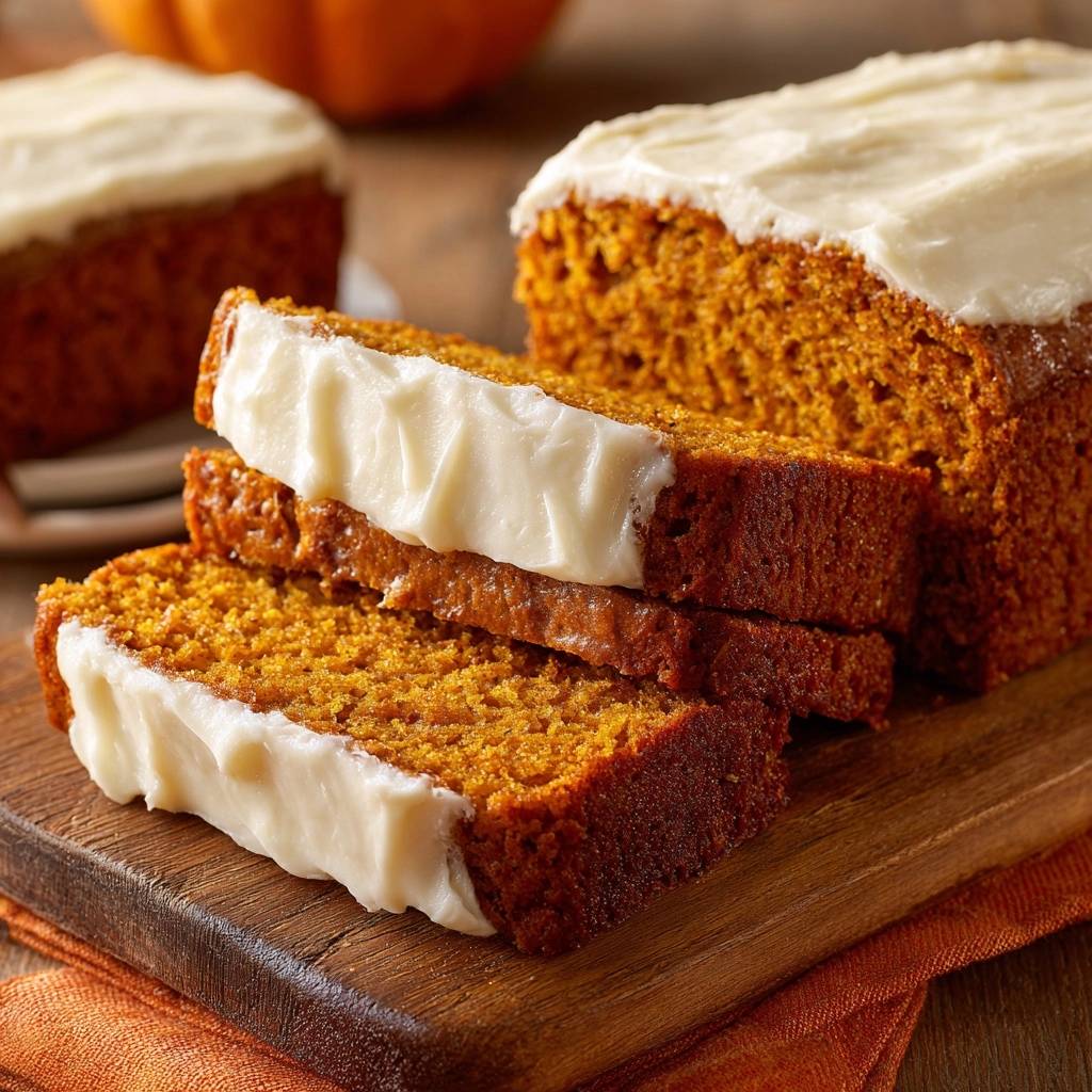 Pumpkin bread with cream cheese frosting, sliced and stacked on a wooden cutting board, showcasing the moist interior.