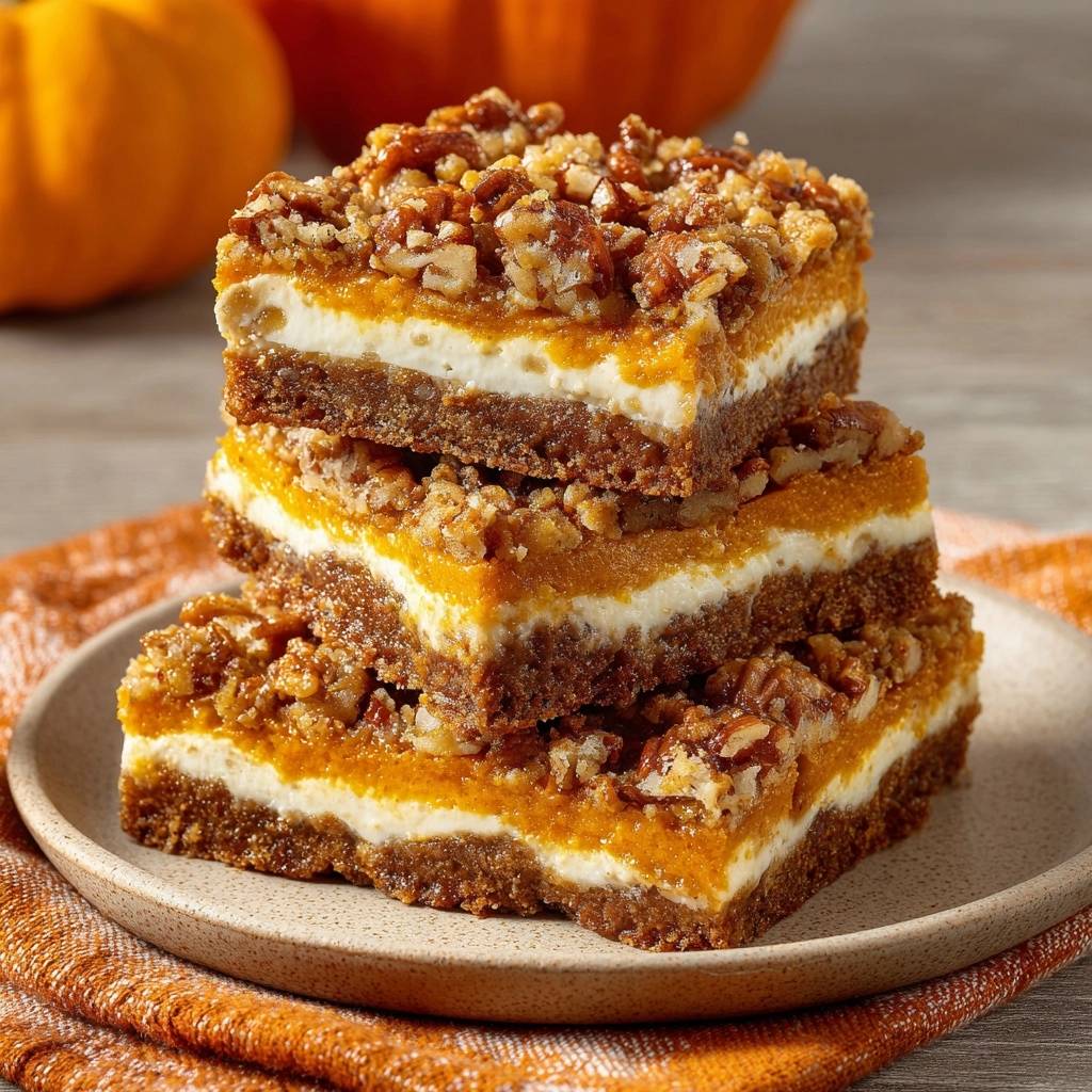 Pumpkin pecan cheesecake bars with crisp crust stacked on a plate, showcasing layers of crust, cream cheese, and pumpkin filling.
