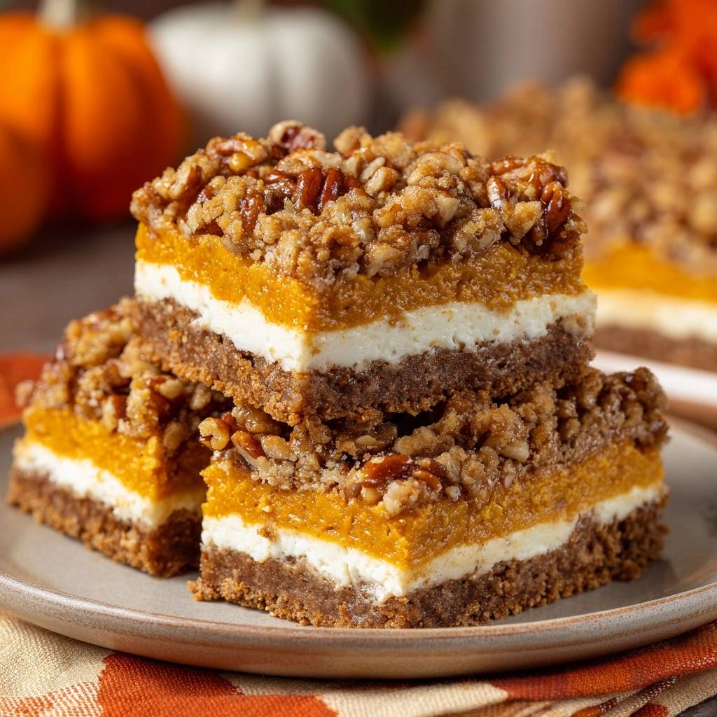 Pumpkin pecan cheesecake bars with crisp crust shown in a stacked cross-section on a plate.
