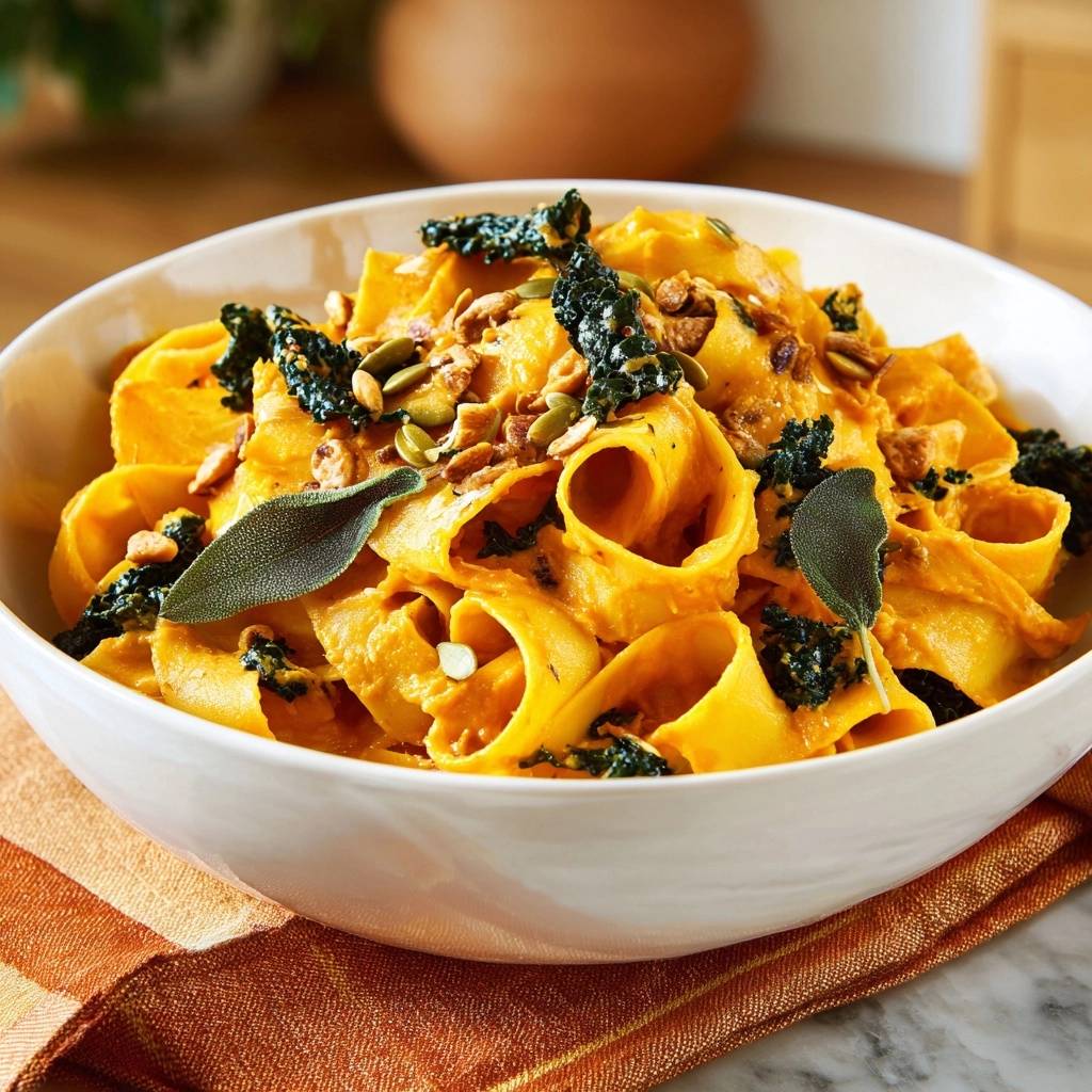 Pumpkin sage pappardelle with crispy kale and pumpkin seeds, shown in a close-up detail shot with fresh sage garnish.