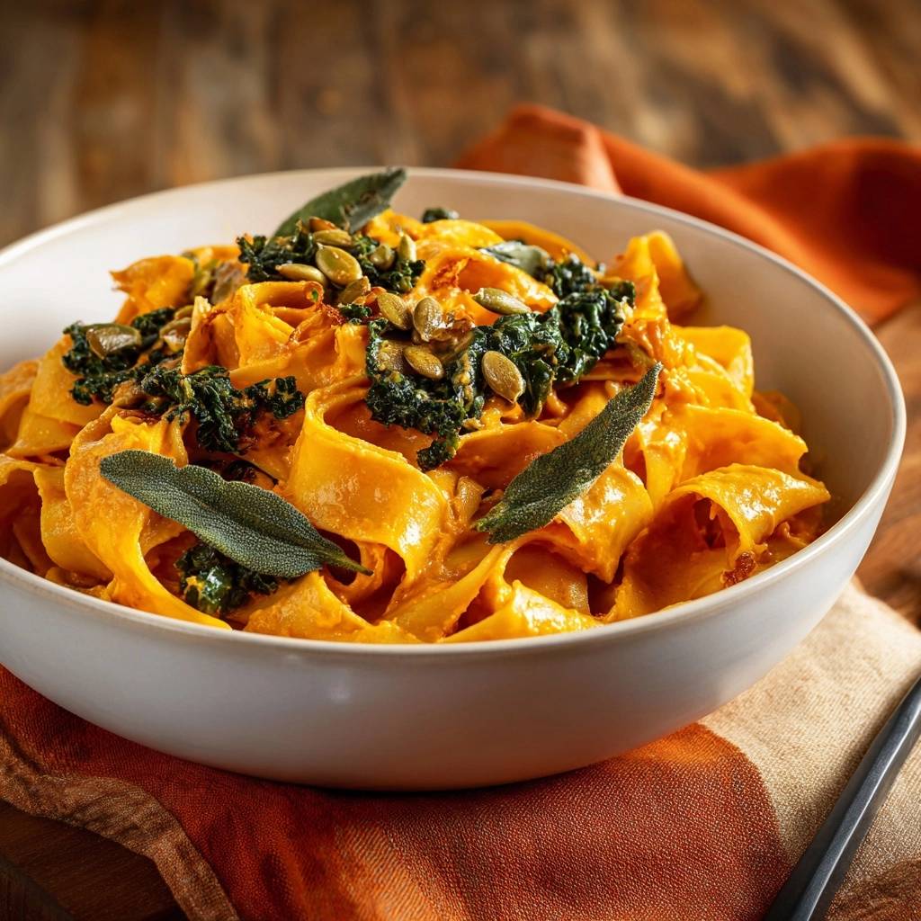 Pumpkin sage pappardelle with crispy kale and pumpkin seeds served in a white bowl.