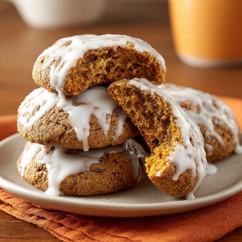 Pumpkin spice cookies close-up cross-section showing the soft, spiced interior with white glaze drizzled over the top.