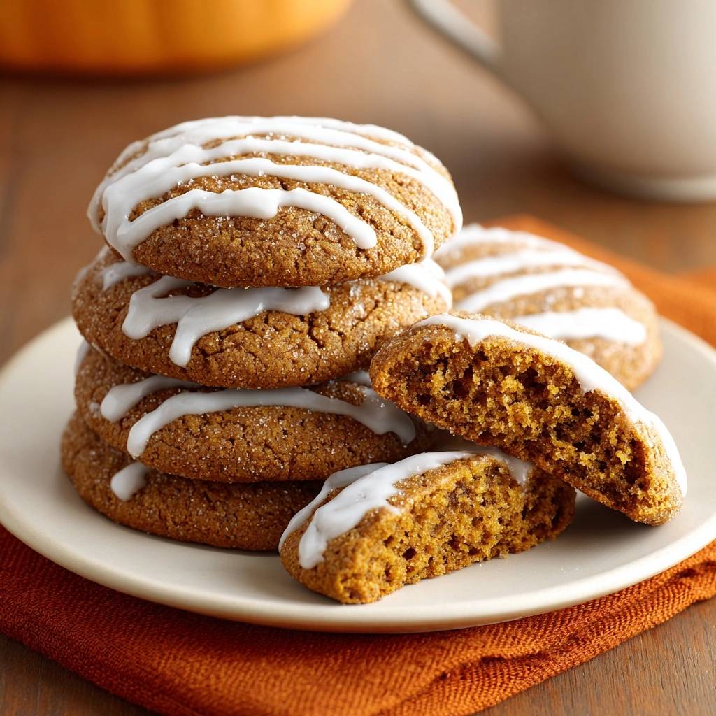 Ultimate pumpkin spice cookies stacked with a close-up view of the drizzled glaze and interior texture.