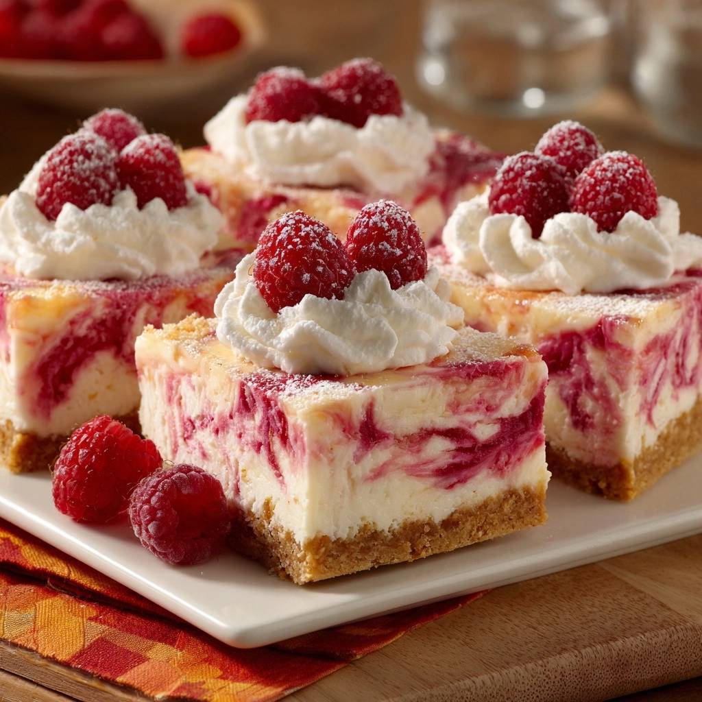 Raspberry swirl cheesecake bars shown in a close-up view with whipped cream and fresh raspberries on top.